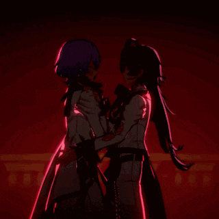 a couple of anime characters hugging each other in a dark room