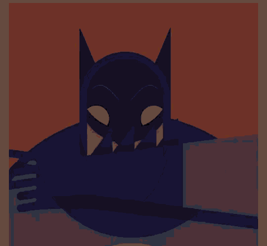 a cartoon drawing of batman with yellow eyes and sharp teeth