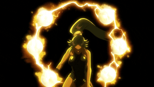 a woman in a black swimsuit is surrounded by a circle of fire