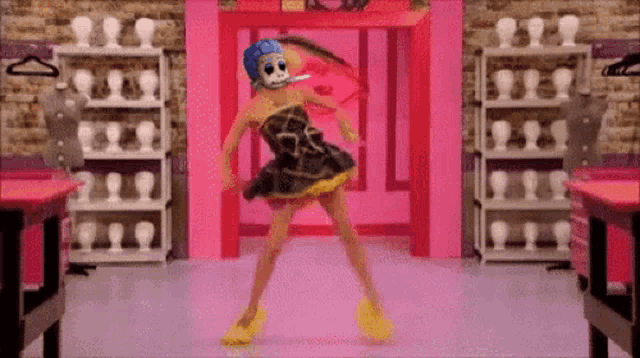 a woman in a mask is dancing in a room with mannequins on shelves .
