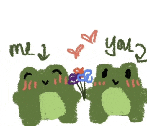 a drawing of two frogs holding flowers with the words " me 1 you " above them