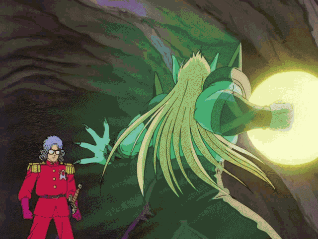 a man in a red uniform stands in front of a monster