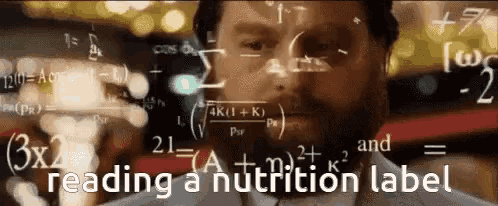a man is reading a nutrition label while surrounded by math equations