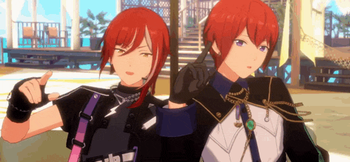 two anime characters with red hair are posing for a picture together .