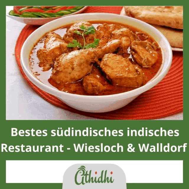 a picture of a bowl of chicken curry with the words " bestes sudindisches indisches restaurant " below it