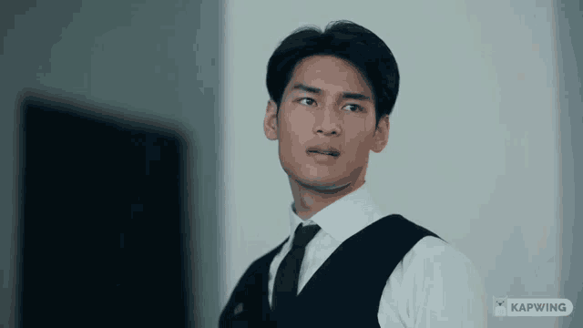 a man in a white shirt and black vest is shown in a kapwing ad