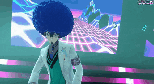 a video game character with a blue afro stands in front of a screen that says eden on it
