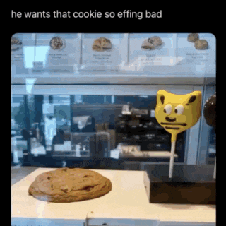 a cookie and a lollipop are on display in a bakery with the caption he wants that cookie so effing bad