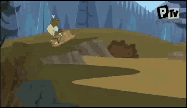 a cartoon landscape with trees and mountains and a ptz logo on the bottom