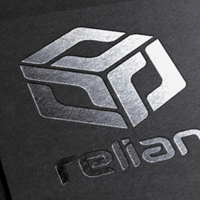 a black card with a silver relian logo