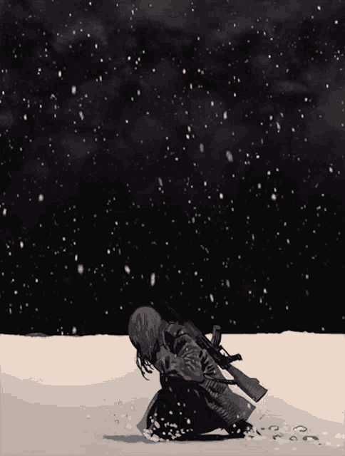 a drawing of a person kneeling in the snow with a gun