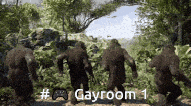 a group of gorillas are dancing in a video game with the words gayroom 1 on the bottom