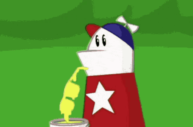 a cartoon character wearing a red cape with a white star on it is pouring something into a can .