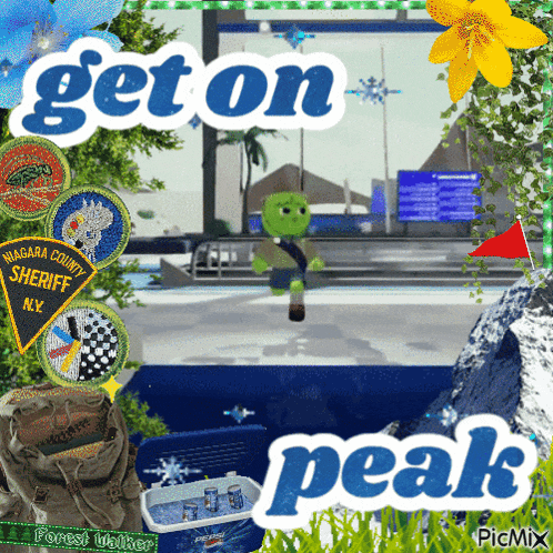 a collage of images with the words get on peak in the middle