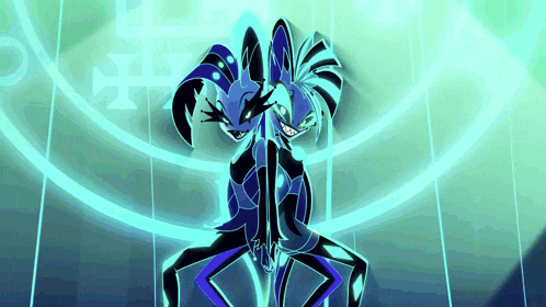 two cartoon characters are standing next to each other in a room