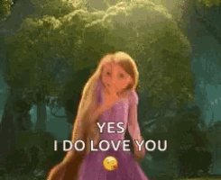 rapunzel from tangled says yes i do love you in front of trees