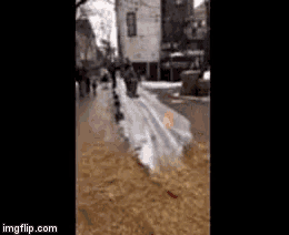 a group of people are walking down a sidewalk with a large piece of plastic covering the ground .