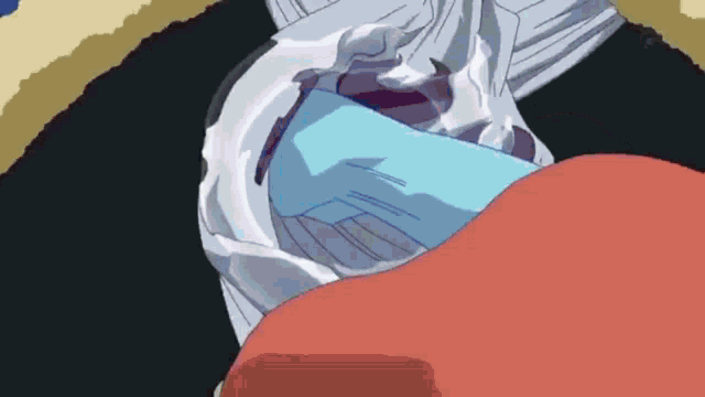 a cartoon drawing of a person laying on a bed with a blue bag over their head