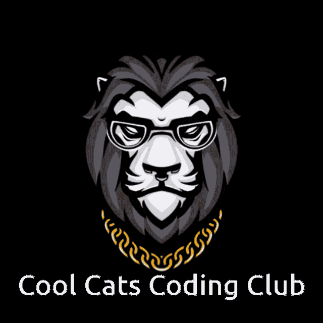 a logo for cool cats coding club with a lion wearing glasses and a chain around its neck