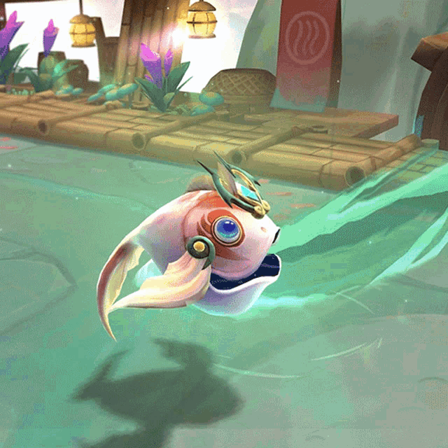 a cartoon fish is swimming in a pool with a sign that says ' r2 ' in the background