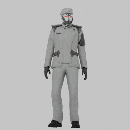 a 3d model of a futuristic soldier saluting with red eyes