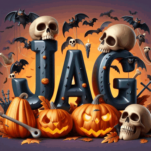 the word jag is decorated with pumpkins and skulls
