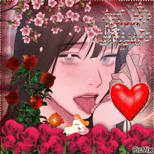 a picture of a girl sticking her tongue out with a red heart in the background and the words picmix at the bottom
