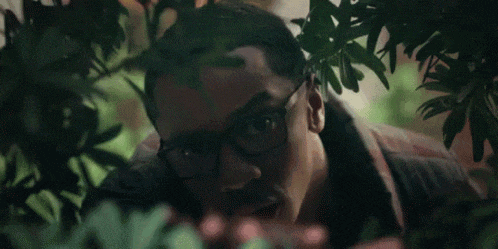 a man with glasses is peeking out from behind a tree