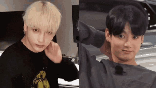 two young men are standing next to each other and one has blonde hair and the other has black hair