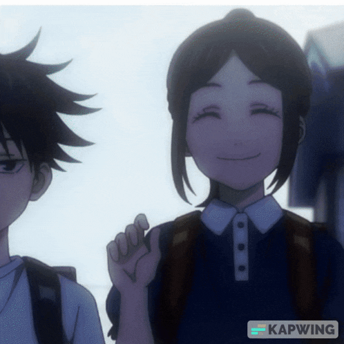 a boy and a girl are standing next to each other and the girl is smiling and the boy is giving a peace sign