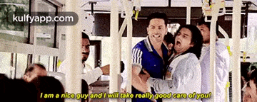 a group of men are standing next to each other on a bus and one of them says i am a nice guy