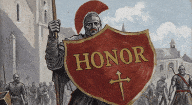 a painting of a knight holding a red shield that says honor