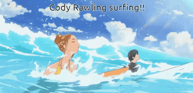 a cartoon of a girl surfing with the words cody rawling surfing