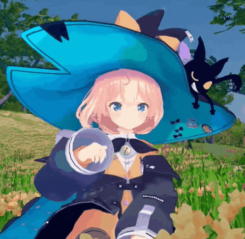 a girl in a blue witch hat is sitting in a field of flowers