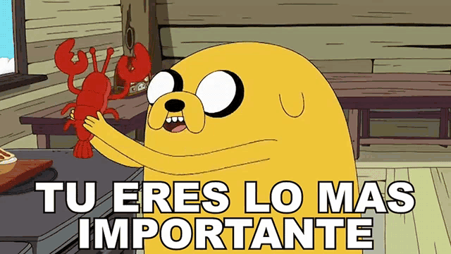 a cartoon character holding a lobster with the words tu eres lo mas importante below him