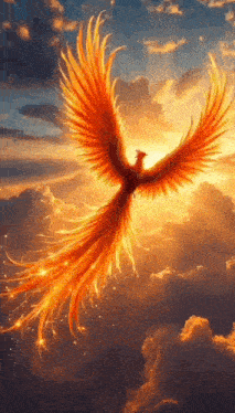 a phoenix is flying through the clouds at sunset .