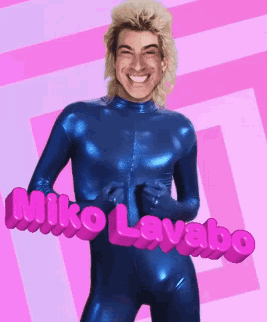 a man in a blue bodysuit is smiling and holding a sign that says niko lavabo