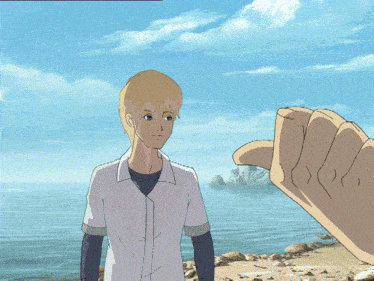 a cartoon of a man standing on a beach with a hand reaching out towards him