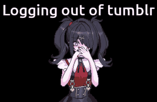 a pixel art of a girl with a rainbow coming out of her mouth and the words logging out of tumblr below her