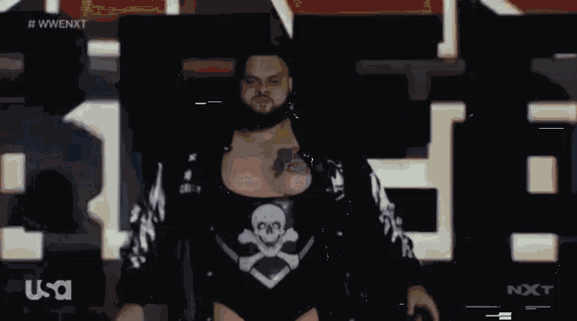 a man with a skull and crossbones on his chest is standing in front of a wwe logo