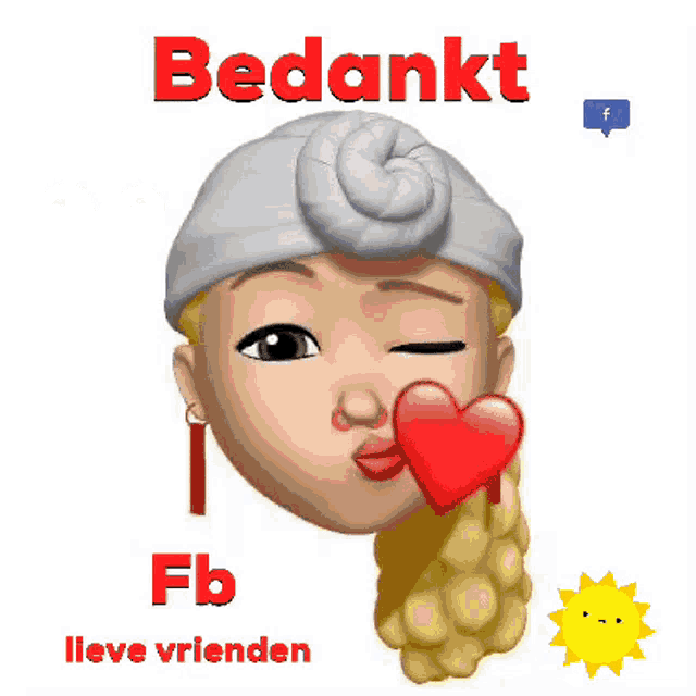 a cartoon of a woman blowing a kiss with the words bedankt fb lieve vrienden below