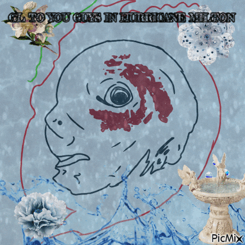a drawing of a baby with blood on its face and the words " all to you guys in hurricane nielson " below it