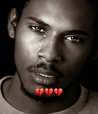 a black and white photo of a man with tears coming out of his eyes and three broken hearts around his mouth