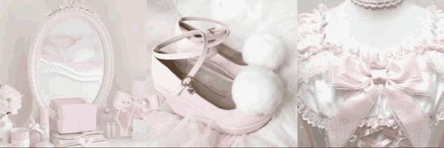 a collage of pink and white images including a mirror , shoes , a dress , and a mannequin .