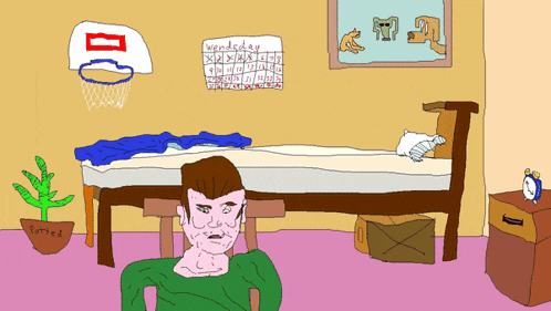 a cartoon drawing of a bedroom with a wednesday calendar
