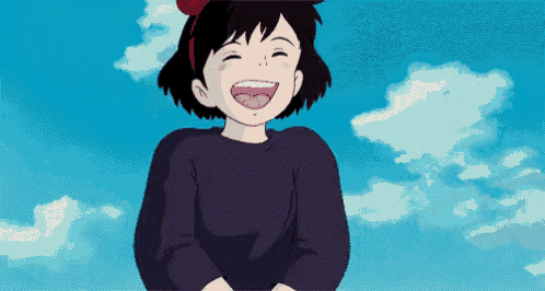 a cartoon girl is laughing in front of a blue sky with clouds .