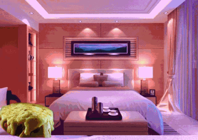 a bedroom with a bed and a picture on the wall
