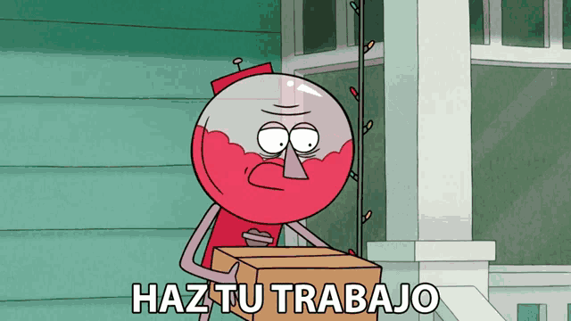 a cartoon character is holding a cardboard box with haz tu trabajo written on it