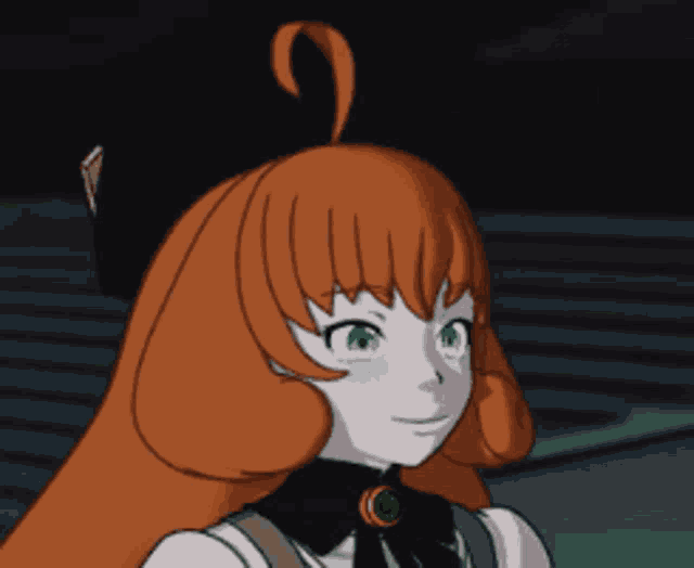a close up of a cartoon character with orange hair
