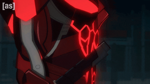 a person in a red suit is holding a knife with the letters [ as ] above them